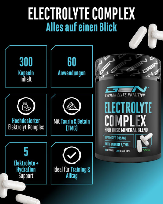 Electrolyte Complex - 300 vegane Kapseln - hochdosierter Elektrolyt-Komplex mit Taurin & Betain (TMG) - Natrium, Kalium, Magnesium & Calcium - 60 Portionen - Alternative zu Pulver