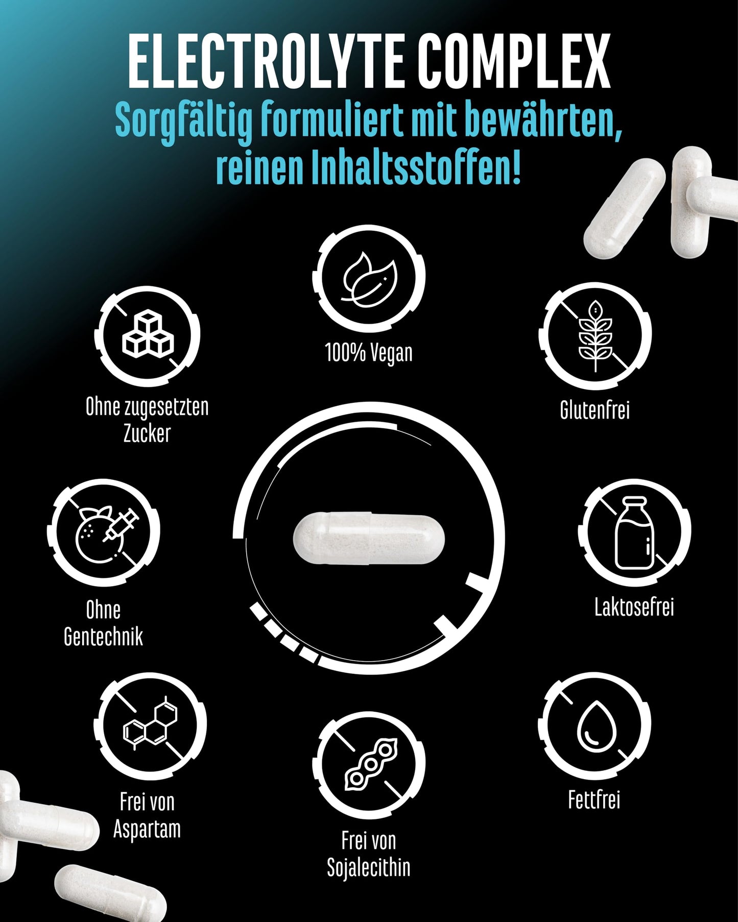 Electrolyte Complex - 300 vegane Kapseln - hochdosierter Elektrolyt-Komplex mit Taurin & Betain (TMG) - Natrium, Kalium, Magnesium & Calcium - 60 Portionen - Alternative zu Pulver