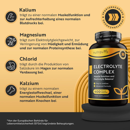 Elektrolyte Komplex mit Magnesium Kalium Hochdosiert Kalzium Natrium & Chlorid - 400 Tabletten für 13 Monate Vorrat - 900mg Sportliche Nahrungsergänzungsmittel Männer und Frauen - Nutravita