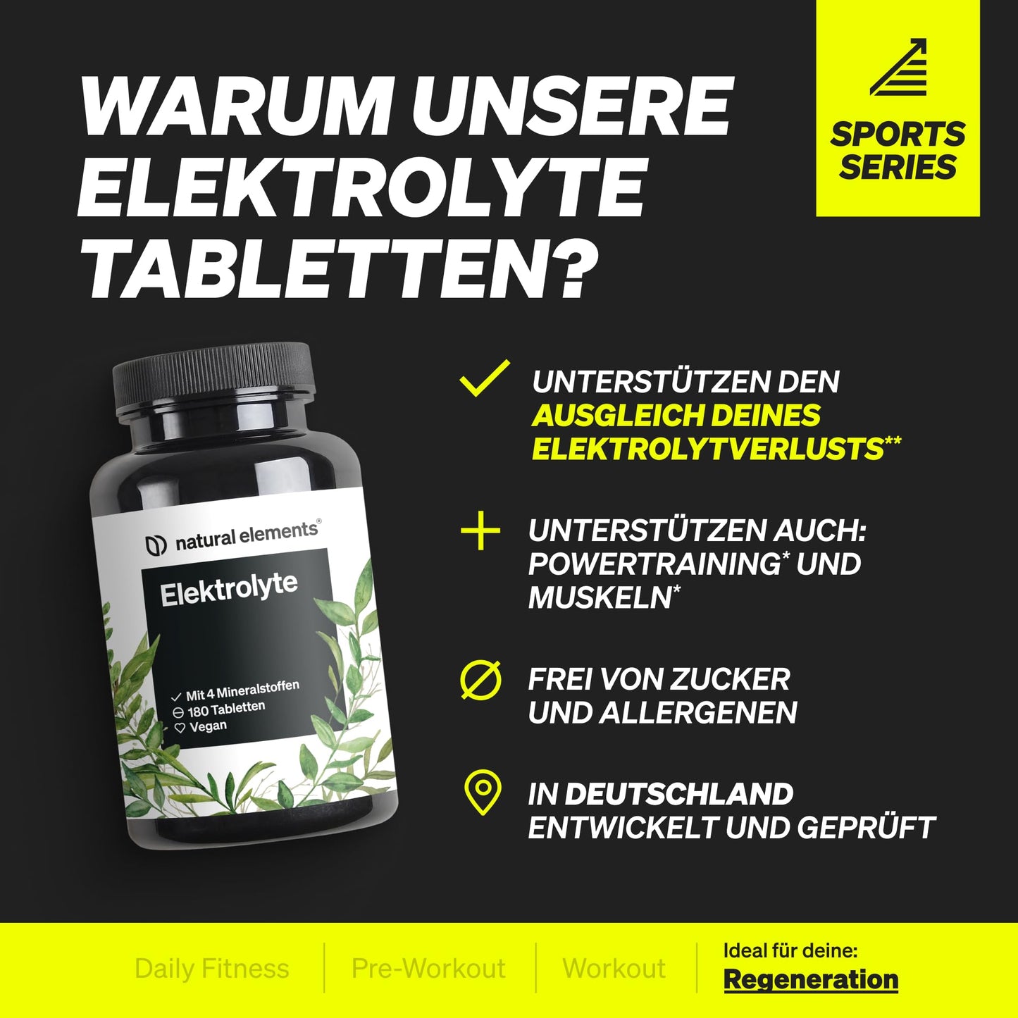 natural elements Elektrolyte Tabletten – 180 Stück – mit Magnesium, Kalzium, Natrium und Chlorid – mit Magnesium für dein Elektrolytgleichgewicht und deine Muskelfunktion – geeignet für Keto Ernährung