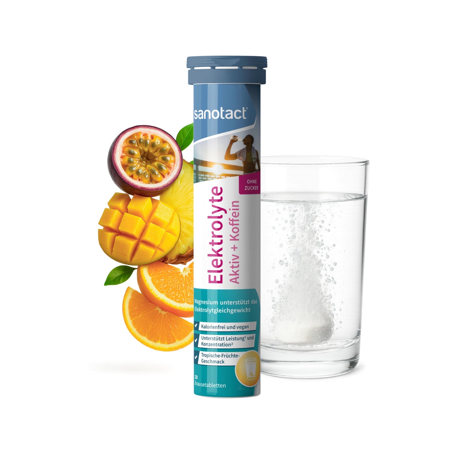 sanotact Elektrolyte mit Koffein • Brausetabletten ohne Zucker • tropischer Geschmack • 20 zuckerfreie Tabletten (84g) • Fokus bei Morgenmüdigkeit & Hydration