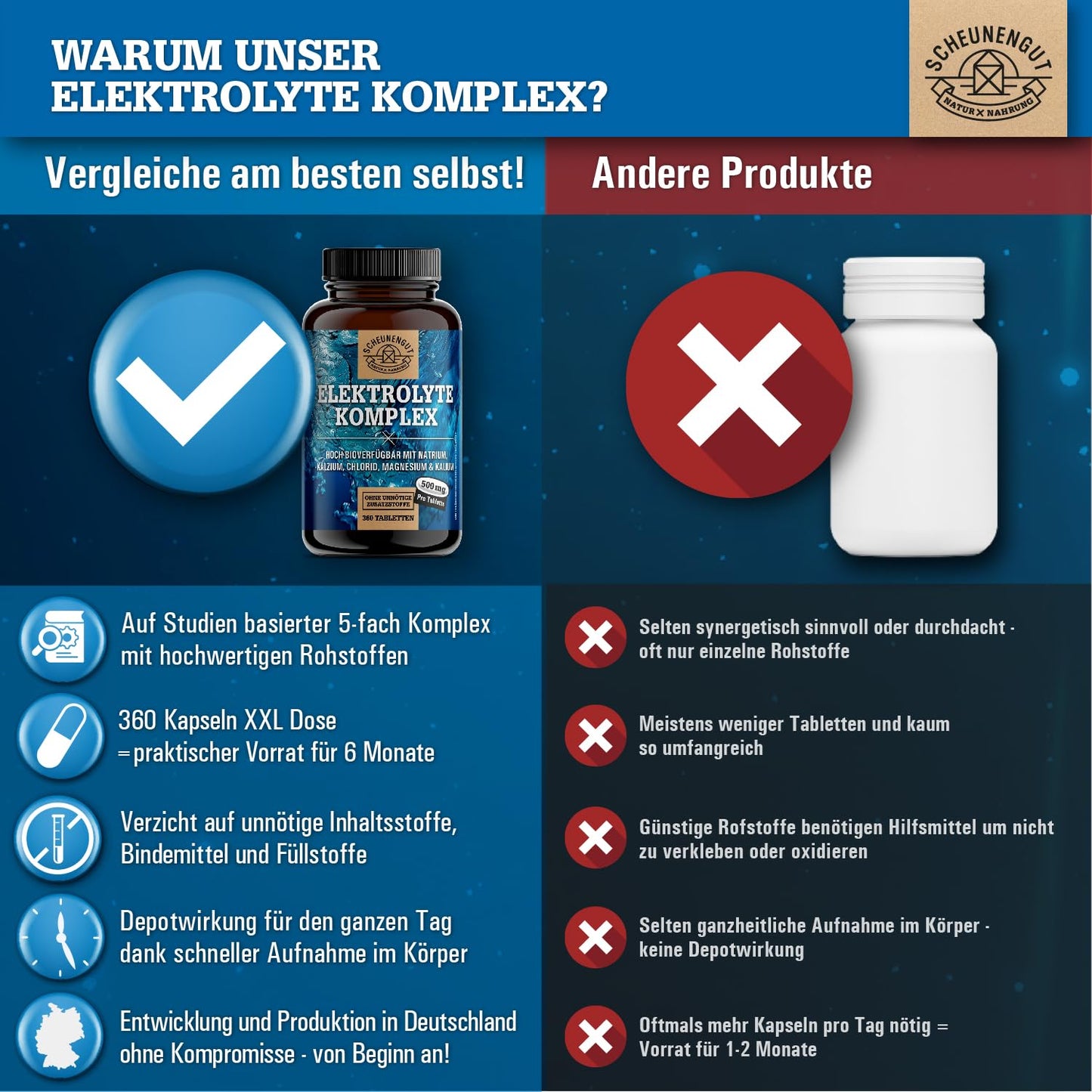 Elektrolyte 1000mg je Dosis -WICHTIG: Elektrolyte ohne Zucker - Kalium, Magnesium, Calcium, Chlorid und Natrium -Hochdosis Komplex- 360Stk Electrolytes -Vegan- DE SCHEUNENGUT®
