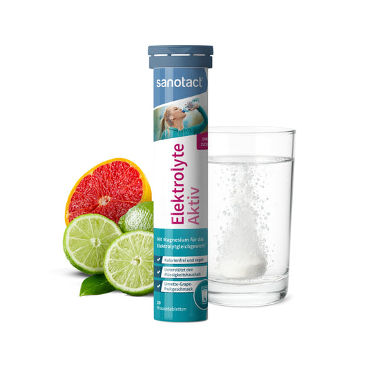 sanotact Elektrolyte Aktiv – 20 Brausetabletten – Mit Magnesium, Natrium & Kalium – Kalorienfrei, zuckerfrei, vegan – Limette-Grapefruit Geschmack – Elektrolyt Made in Germany
