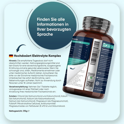 Elektrolyte Tabletten - 930mg pro Portion - mit Magnesium, Kalzium, Kalium, Natrium & Chlorid - 180 vegane Tabletten - Electrolyte Tablets Komplex - Glutenfrei - Ohne Gentechnik - WeightWorld