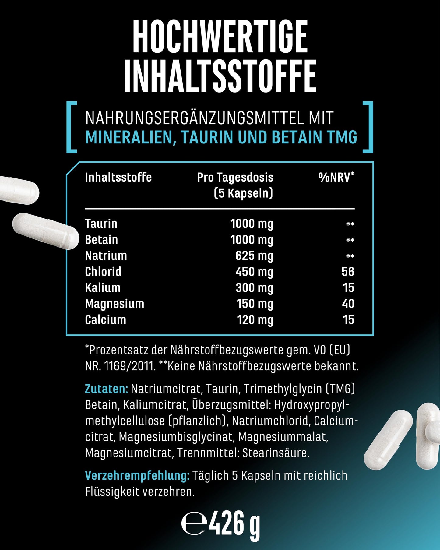 Electrolyte Complex - 300 vegane Kapseln - hochdosierter Elektrolyt-Komplex mit Taurin & Betain (TMG) - Natrium, Kalium, Magnesium & Calcium - 60 Portionen - Alternative zu Pulver