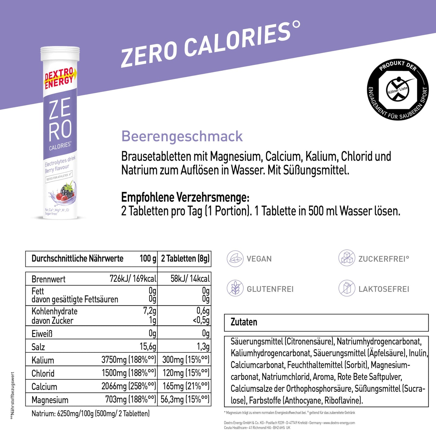 Dextro Energy Elektrolyte ohne Zucker - Berry Flavour - 1141 mg Elektrolyte, 3x20 Brausetabletten (3er Pack) für Alltag und Sport, Magnesium, Calium, Calcium, Chlorid, Natrium, zuckerfrei