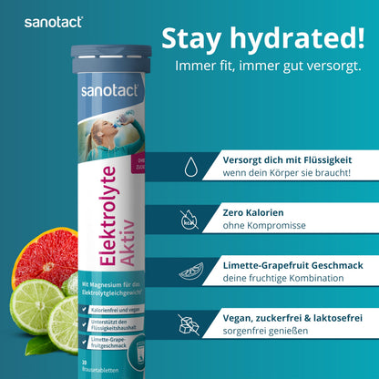 sanotact Elektrolyte Aktiv – 20 Brausetabletten – Mit Magnesium, Natrium & Kalium – Kalorienfrei, zuckerfrei, vegan – Limette-Grapefruit Geschmack – Elektrolyt Made in Germany