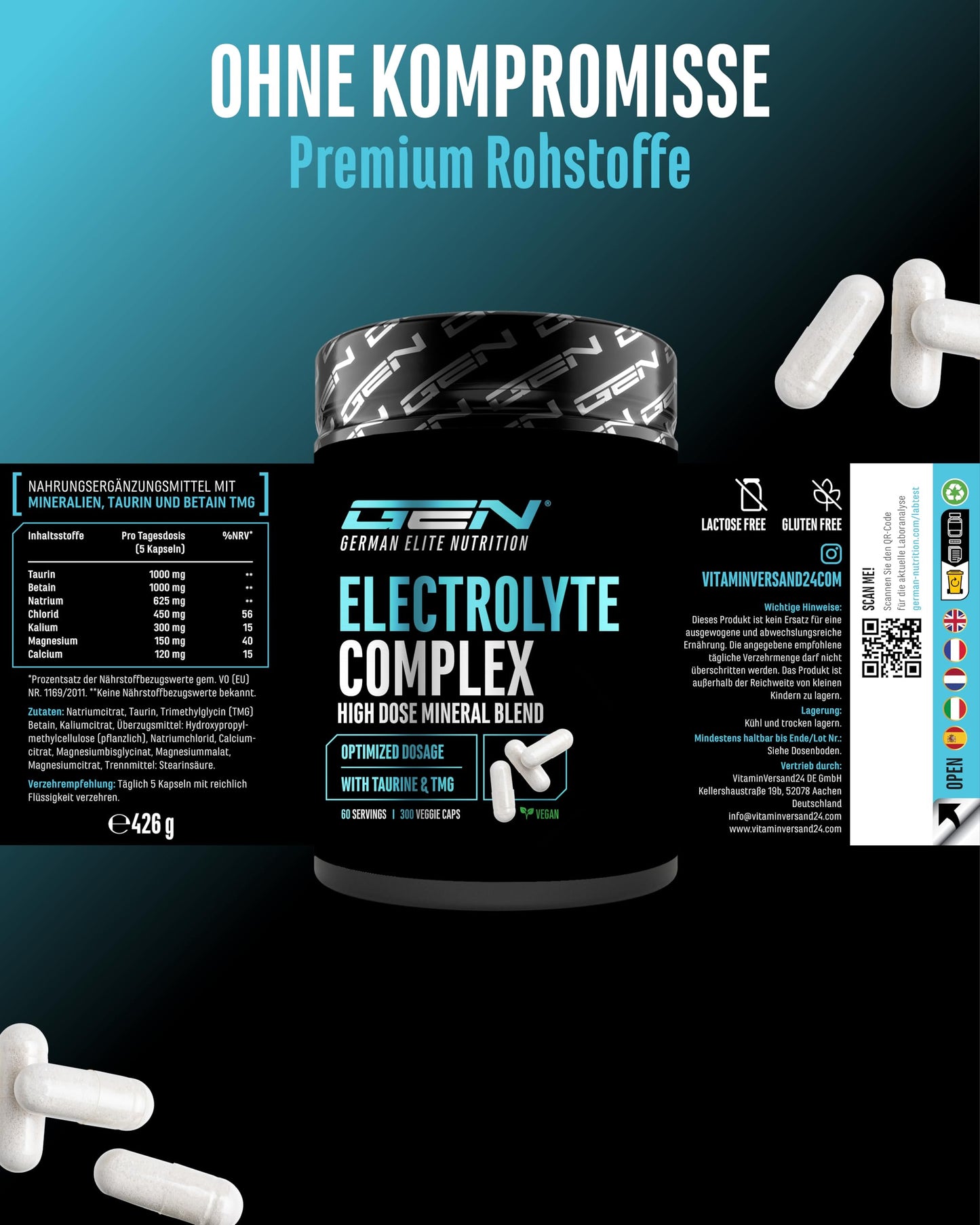Electrolyte Complex - 300 vegane Kapseln - hochdosierter Elektrolyt-Komplex mit Taurin & Betain (TMG) - Natrium, Kalium, Magnesium & Calcium - 60 Portionen - Alternative zu Pulver