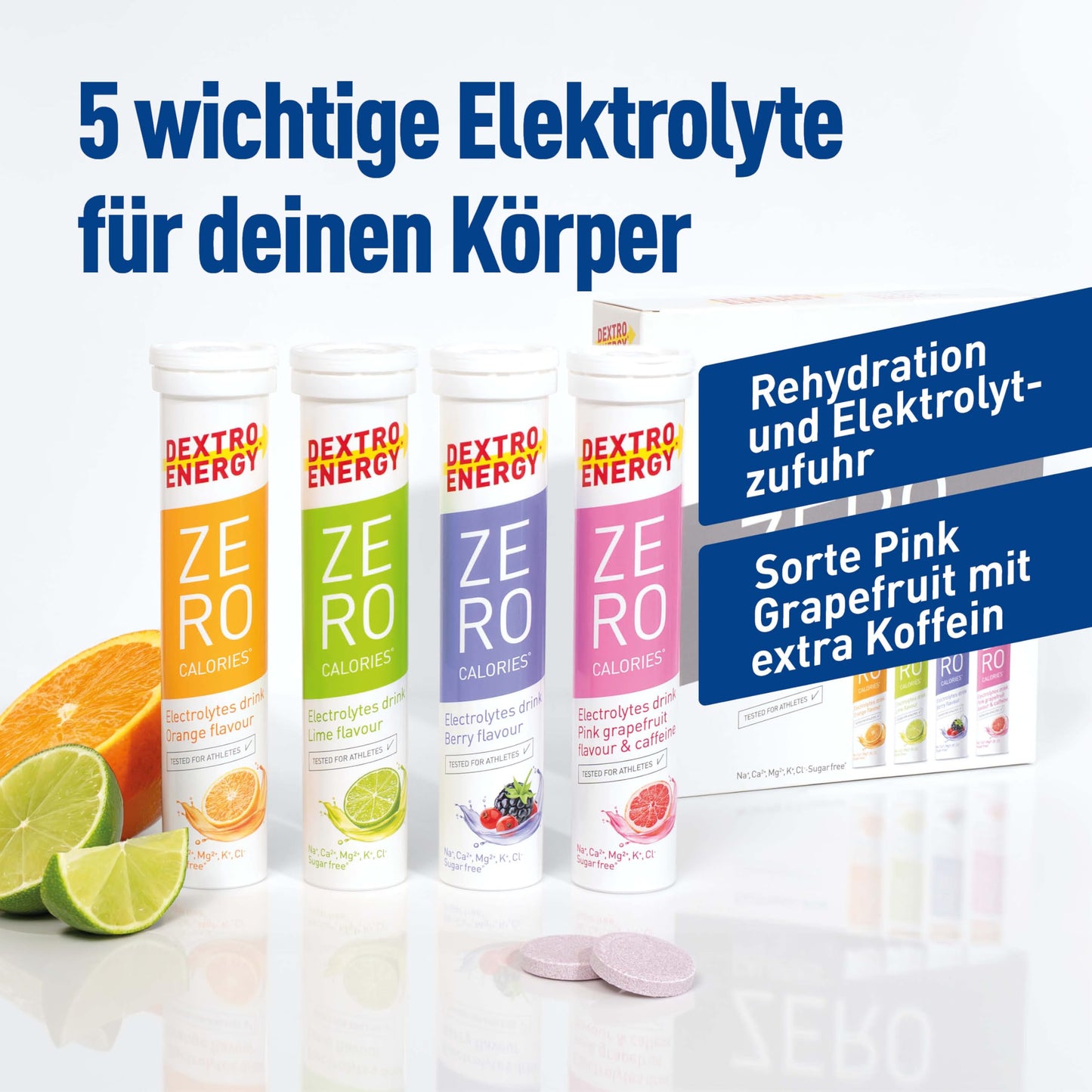 Dextro Energy Elektrolyte ohne Zucker Mix Pack 4 Sorten, 4x20 Brausetabletten (4er Pack) - Berry, Lemon, Orange und Pink Grapefruit + Koffein Flavour