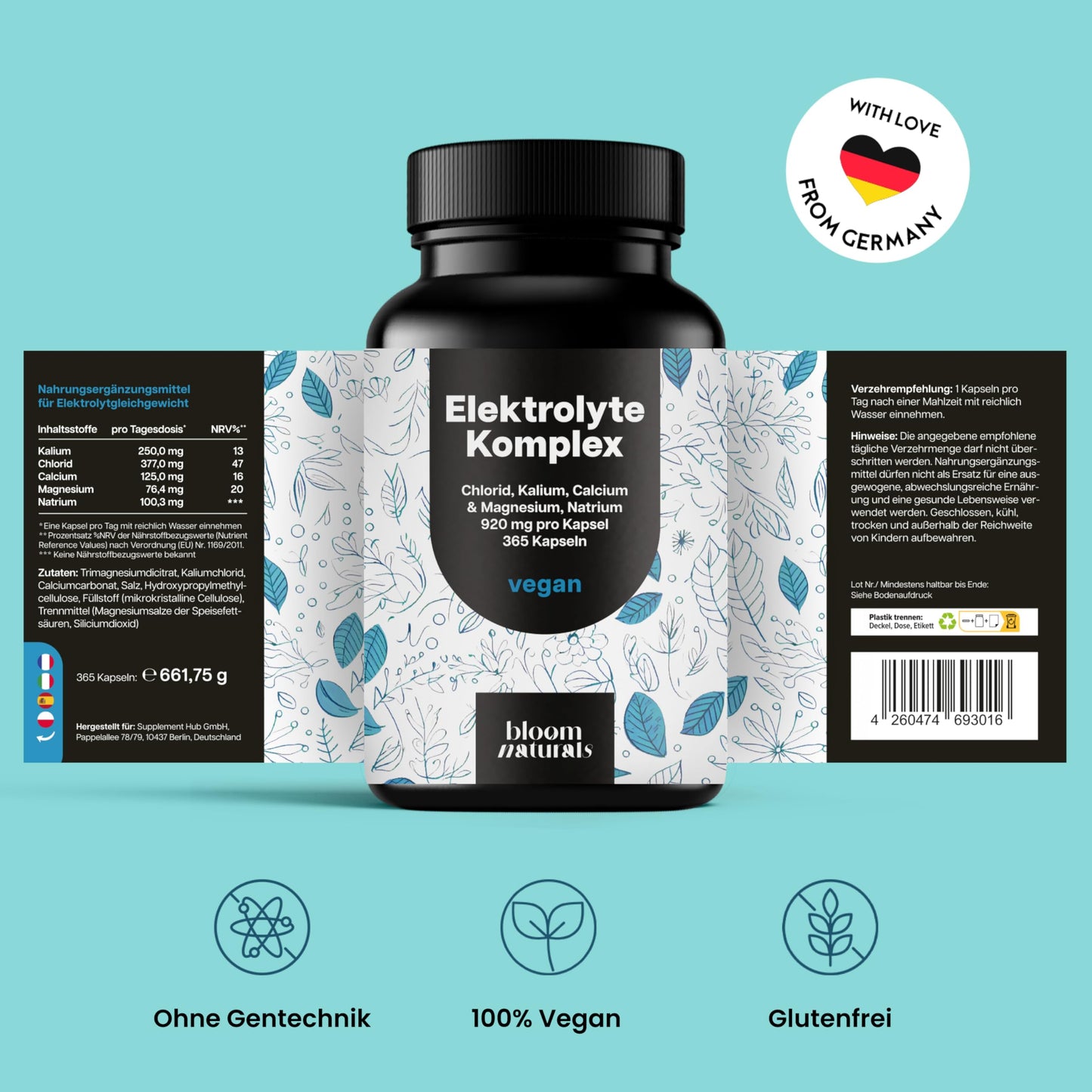 Elektrolyte Komplex - 365 Kapseln - mit Chlorid, Kalium, Calcium, Magnesium & Natrium - 920mg pro Kapsel - vegan, produziert in Deutschland, Jahresvorrat