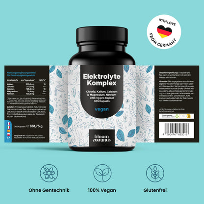 Elektrolyte Komplex - 365 Kapseln - mit Chlorid, Kalium, Calcium, Magnesium & Natrium - 920mg pro Kapsel - vegan, produziert in Deutschland, Jahresvorrat