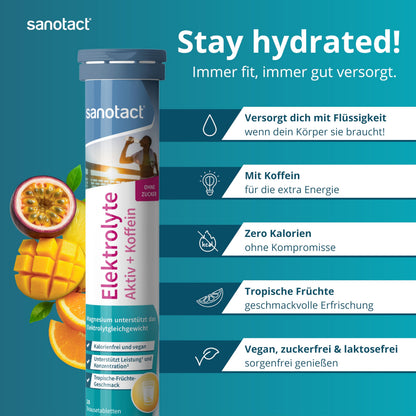sanotact Elektrolyte mit Koffein • Brausetabletten ohne Zucker • tropischer Geschmack • 20 zuckerfreie Tabletten (84g) • Fokus bei Morgenmüdigkeit & Hydration