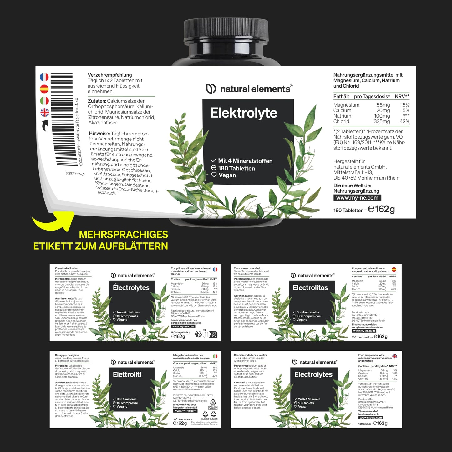 natural elements Elektrolyte Tabletten – 180 Stück – mit Magnesium, Kalzium, Natrium und Chlorid – mit Magnesium für dein Elektrolytgleichgewicht und deine Muskelfunktion – geeignet für Keto Ernährung
