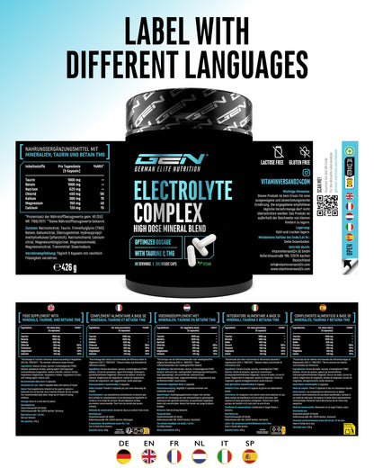 Electrolyte Complex - 300 vegane Kapseln - hochdosierter Elektrolyt-Komplex mit Taurin & Betain (TMG) - Natrium, Kalium, Magnesium & Calcium - 60 Portionen - Alternative zu Pulver