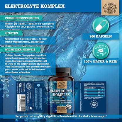 Elektrolyte 1000mg je Dosis -WICHTIG: Elektrolyte ohne Zucker - Kalium, Magnesium, Calcium, Chlorid und Natrium -Hochdosis Komplex- 360Stk Electrolytes -Vegan- DE SCHEUNENGUT®